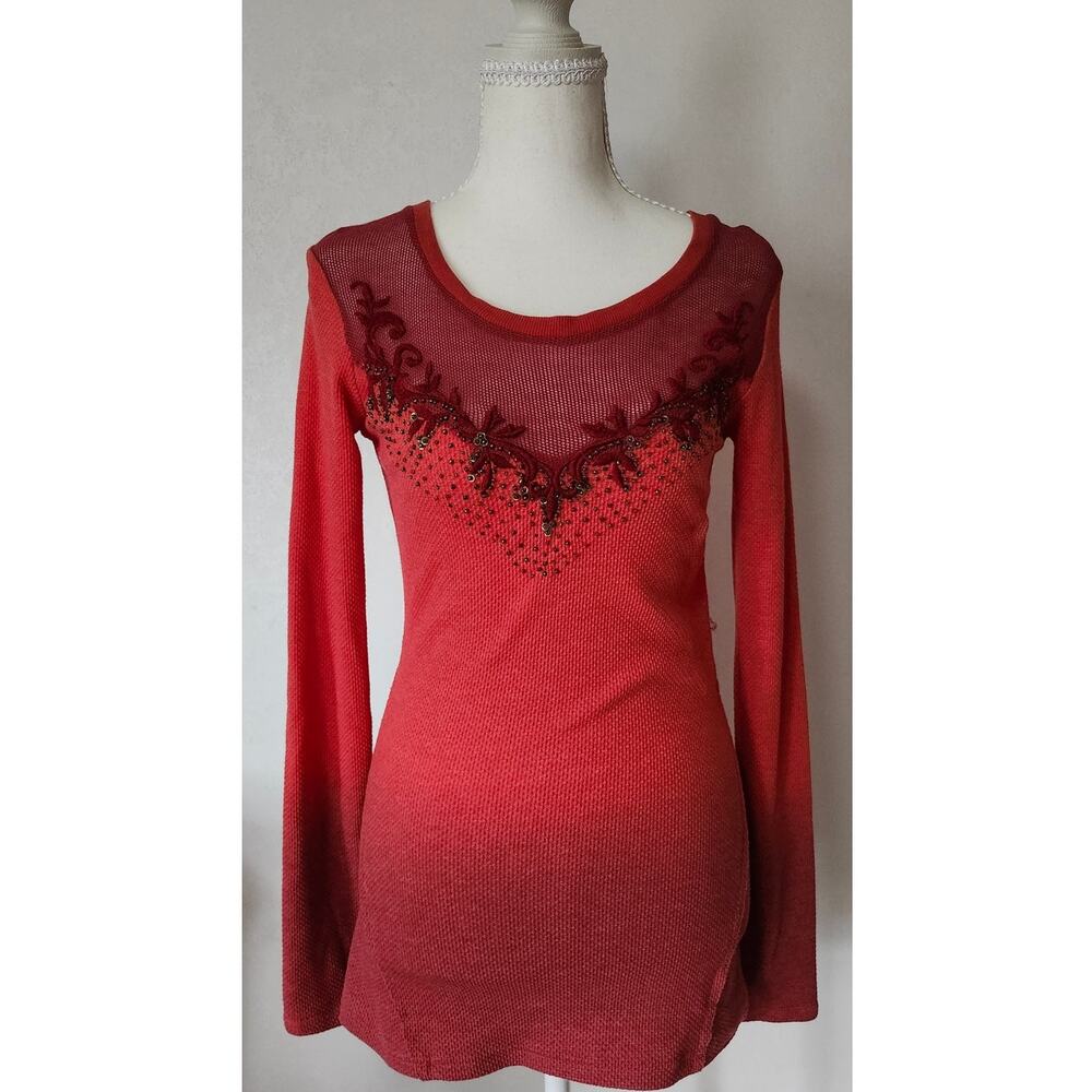 Miss Me Y2K Boho Thermal Top Small Red Burgundy Ombre Embroidered Sequin